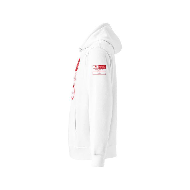  Sweat à capuche unisexe blanc, vu de profil et portant l'étiquette de la collection "Mytho" coloré en rouge écarlate