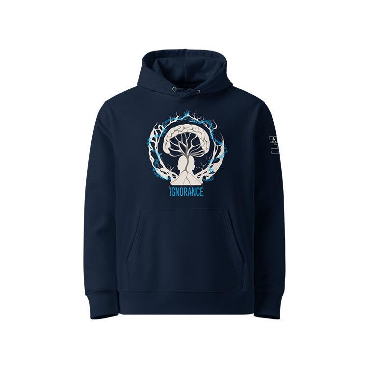 Sweat à capuche unisexe french navy, vu de face et portant le design "Ignorance" aux couleurs blanc craie et cyan