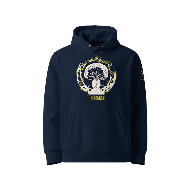 Sweat à capuche unisexe french navy, vu de face et portant le design "Ignorance" aux couleurs blanc craie et jaune soleil