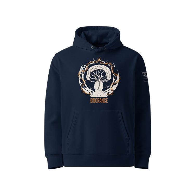  Sweat à capuche unisexe french navy, vu de face et portant le design "Ignorance" aux couleurs blanc craie et mandarine