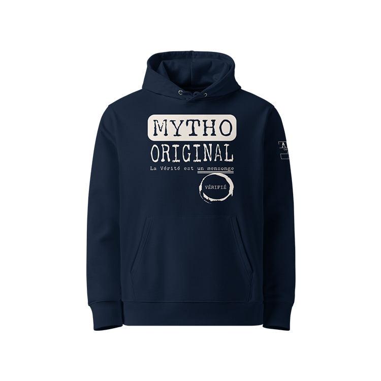  Sweat à capuche unisexe french navy, vu de face et portant le design "Mytho Original" coloré en blanc craie