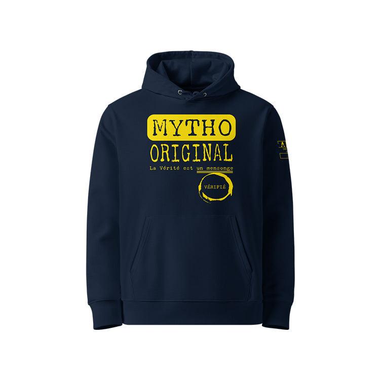 Sweat à capuche unisexe french navy, vu de face et portant le design "Mytho Original" coloré en jaune soleil