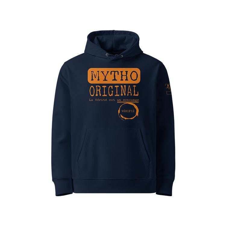 Sweat à capuche unisexe french navy, vu de face et portant le design "Mytho Original" coloré en mandarine