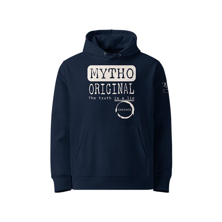 Sweat à capuche unisexe french navy, vu de face et portant le design "Mytho Original" en version anglaise et coloré en blanc craie