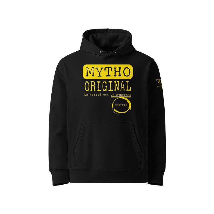 Sweat à capuche unisexe noir, vu de face et portant le design "Mytho Original" coloré en jaune soleil