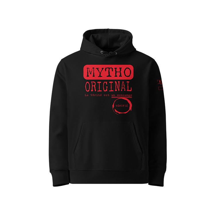 Sweat à capuche unisexe noir, vu de face et portant le design "Mytho Original" coloré en rouge écarlate