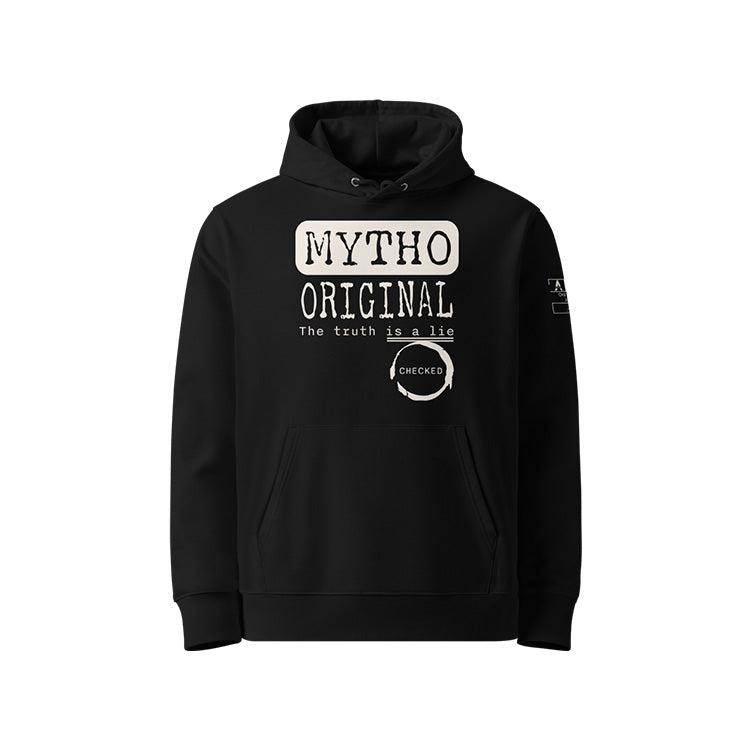 Sweat à capuche unisexe noir, vu de face et portant le design "Mytho Original" en version anglaise et coloré en blanc craie