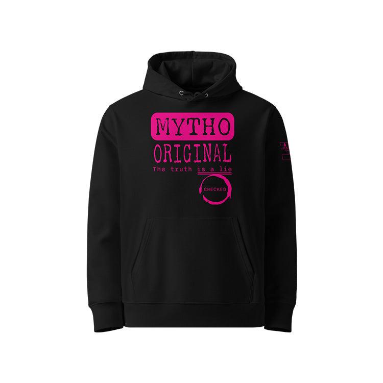 Sweat à capuche unisexe noir, vu de face et portant le design "Mytho Original" en version anglaise et coloré en magenta