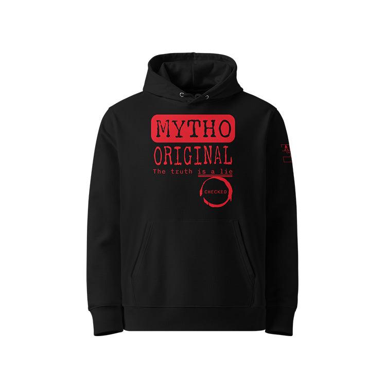 Sweat à capuche unisexe noir, vu de face et portant le design "Mytho Original" en version anglaise et coloré en rouge écarlate