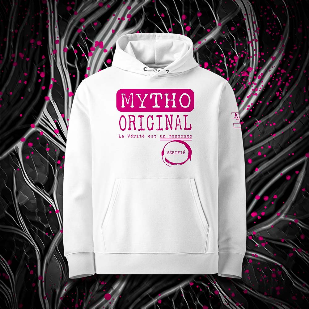 Sweat à capuche unisexe blanc, vu de face et portant le design "Mytho Original" coloré en magenta