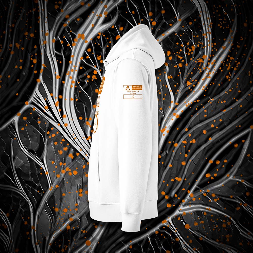 Sweat à capuche unisexe blanc, vu de profil et portant l'étiquette de la collection "Mytho" coloré en mandarine