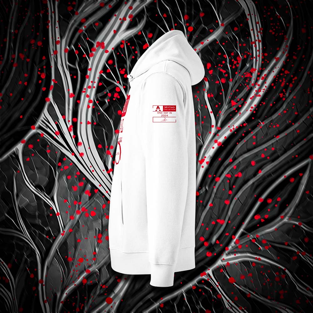 Sweat à capuche unisexe blanc, vu de profil et portant l'étiquette de la collection "Mytho" coloré en rouge écarlate