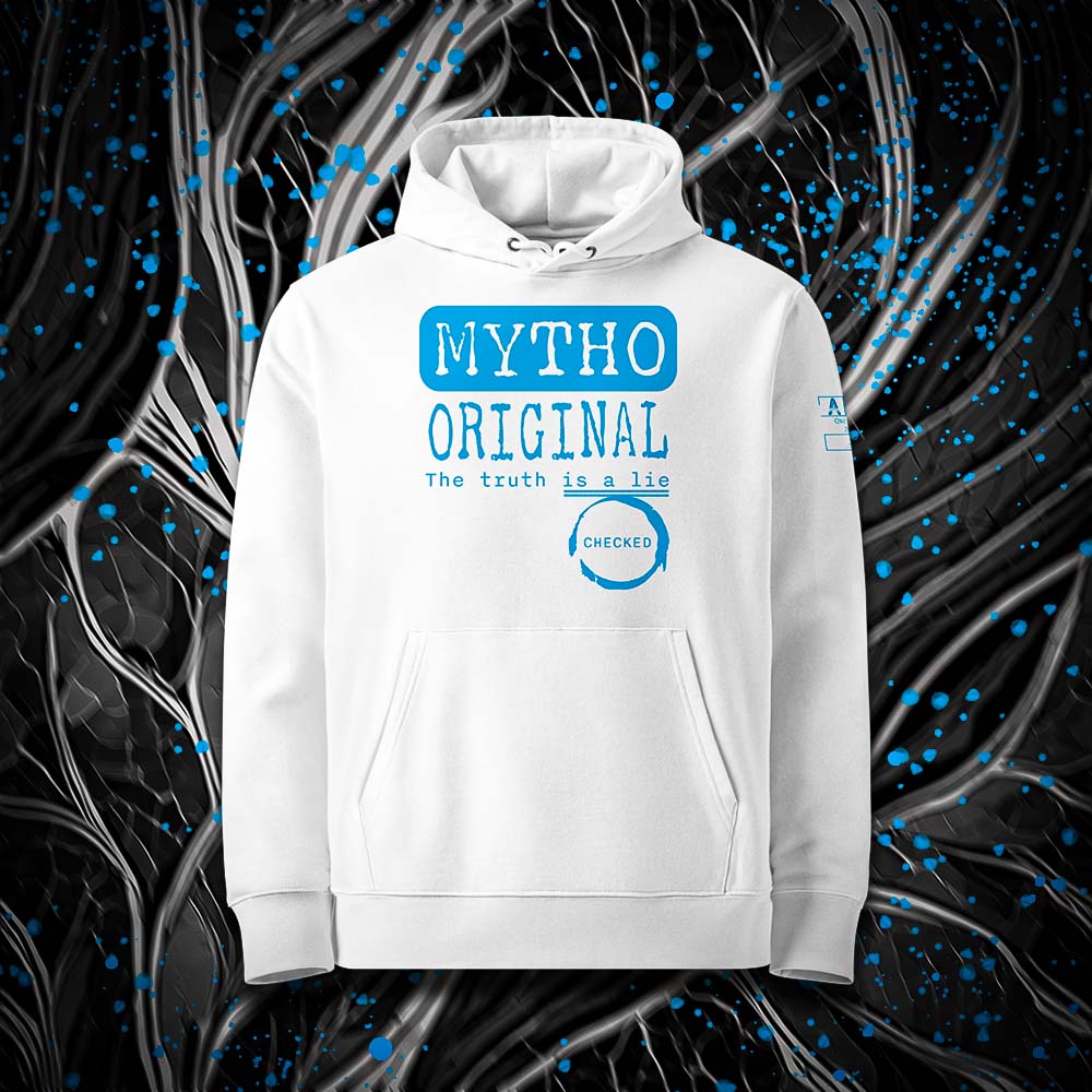 Sweat à capuche unisexe blanc, vu de face et portant le design "Mytho Original" en version anglaise et coloré en cyan