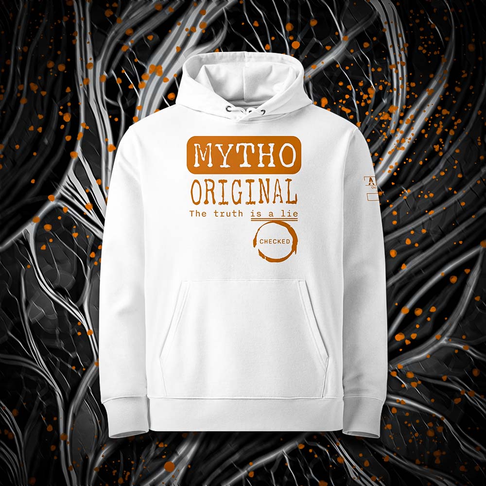 Sweat à capuche unisexe blanc, vu de face et portant le design "Mytho Original" en version anglaise et coloré en mandarine