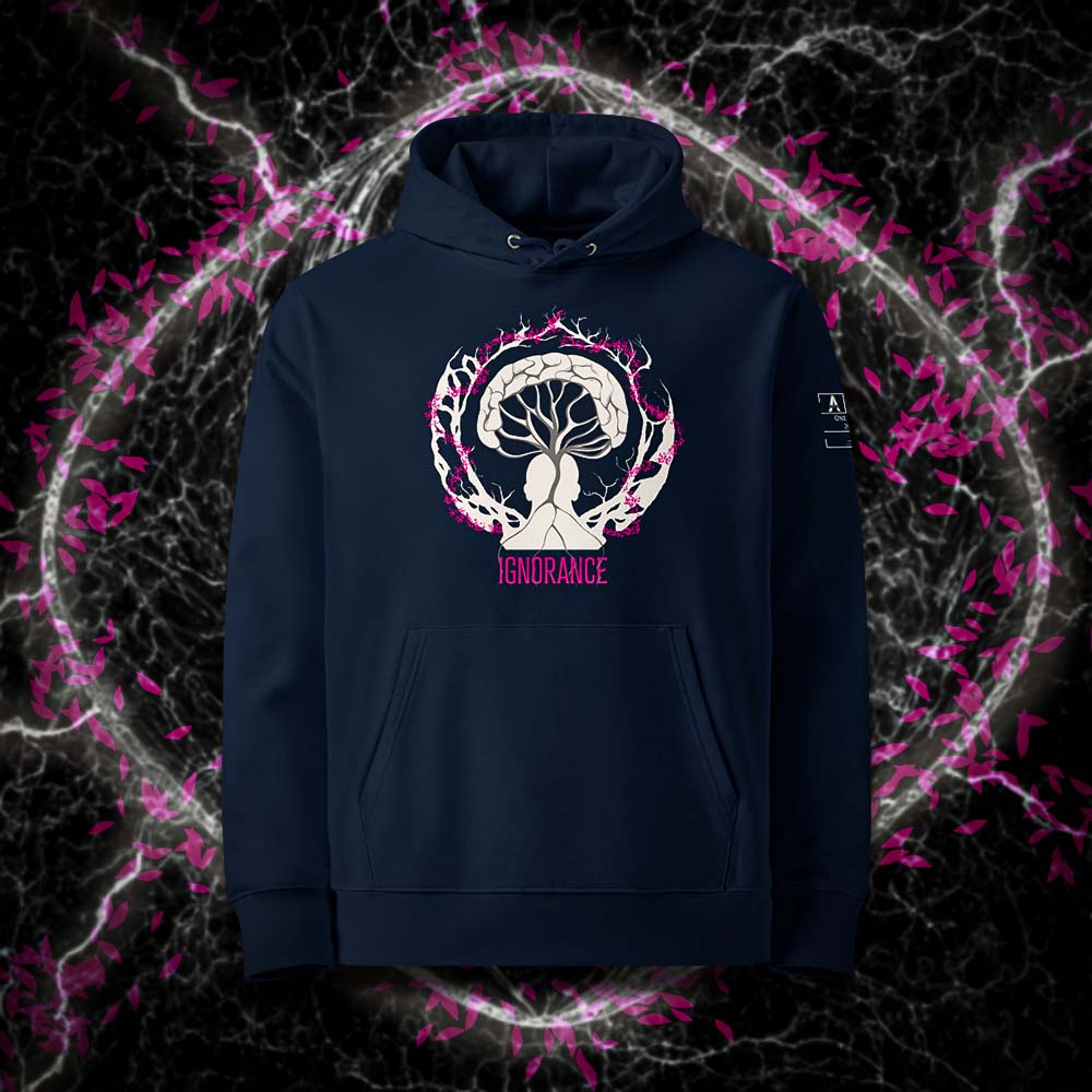 Sweat à capuche unisexe french navy, vu de face et portant le design "Ignorance" aux couleurs blanc craie et magenta