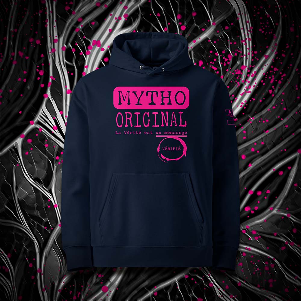 Sweat à capuche unisexe french navy, vu de face et portant le design "Mytho Original" coloré en magenta