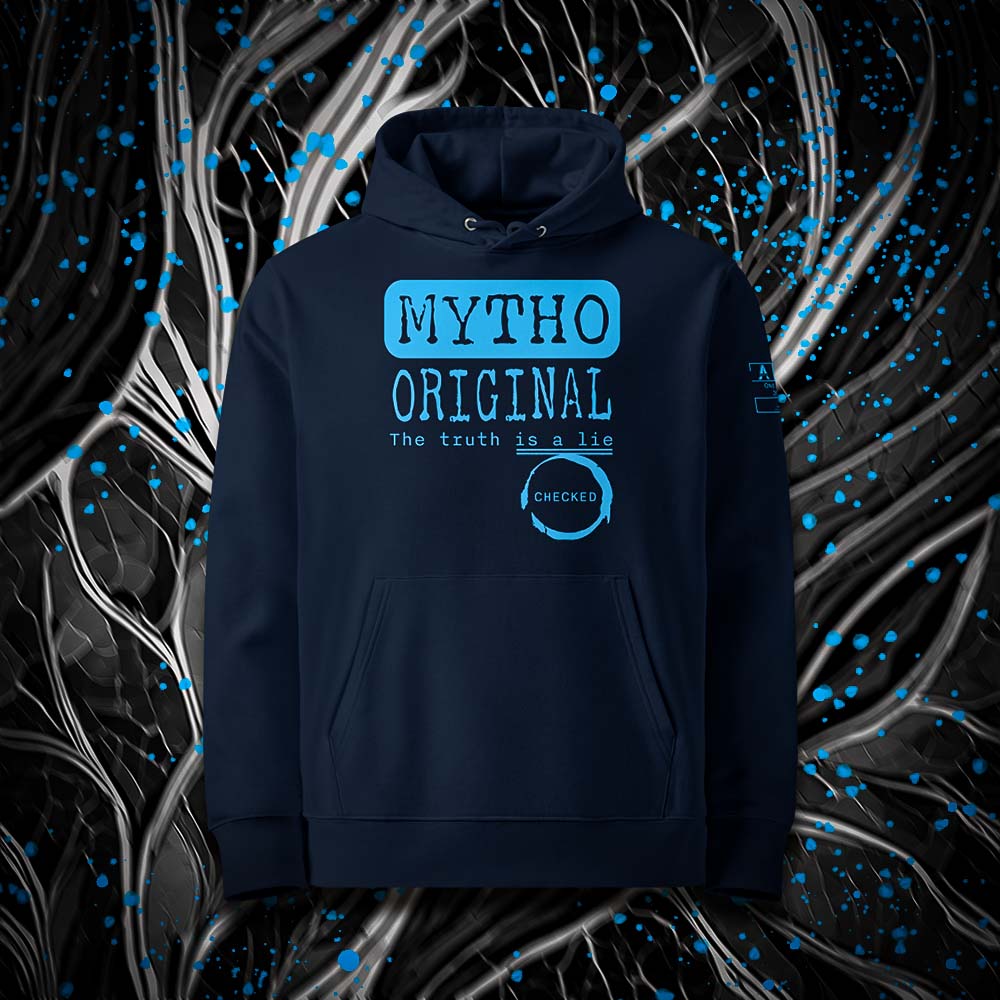 Sweat à capuche unisexe french navy, vu de face et portant le design "Mytho Original" en version anglaise et coloré en cyan