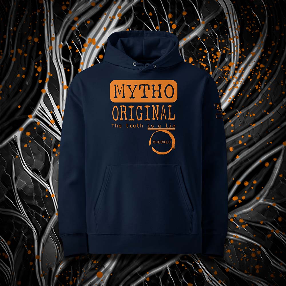  Sweat à capuche unisexe french navy, vu de face et portant le design "Mytho Original" en version anglaise et coloré en mandarine