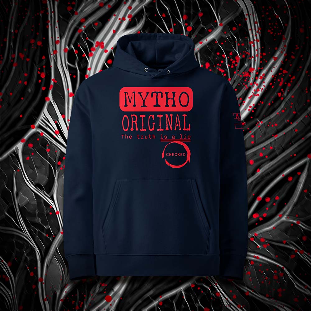  Sweat à capuche unisexe french navy, vu de face et portant le design "Mytho Original" en version anglaise et coloré en rouge écarlate