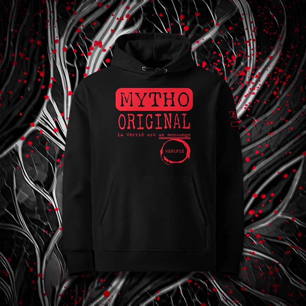 Sweat à capuche unisexe noir, vu de face et portant le design "Mytho Original" coloré en rouge écarlate