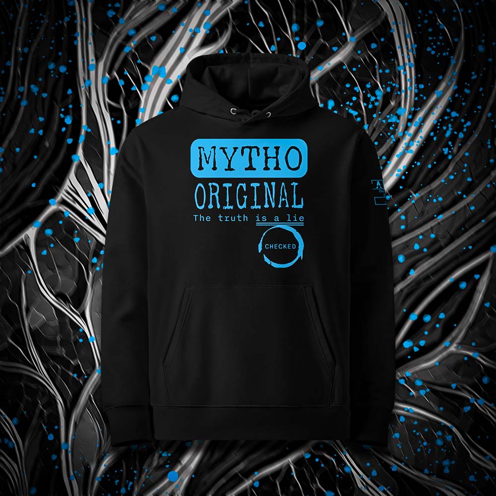 Sweat à capuche unisexe noir, vu de face et portant le design "Mytho Original" en version anglaise et coloré en cyan