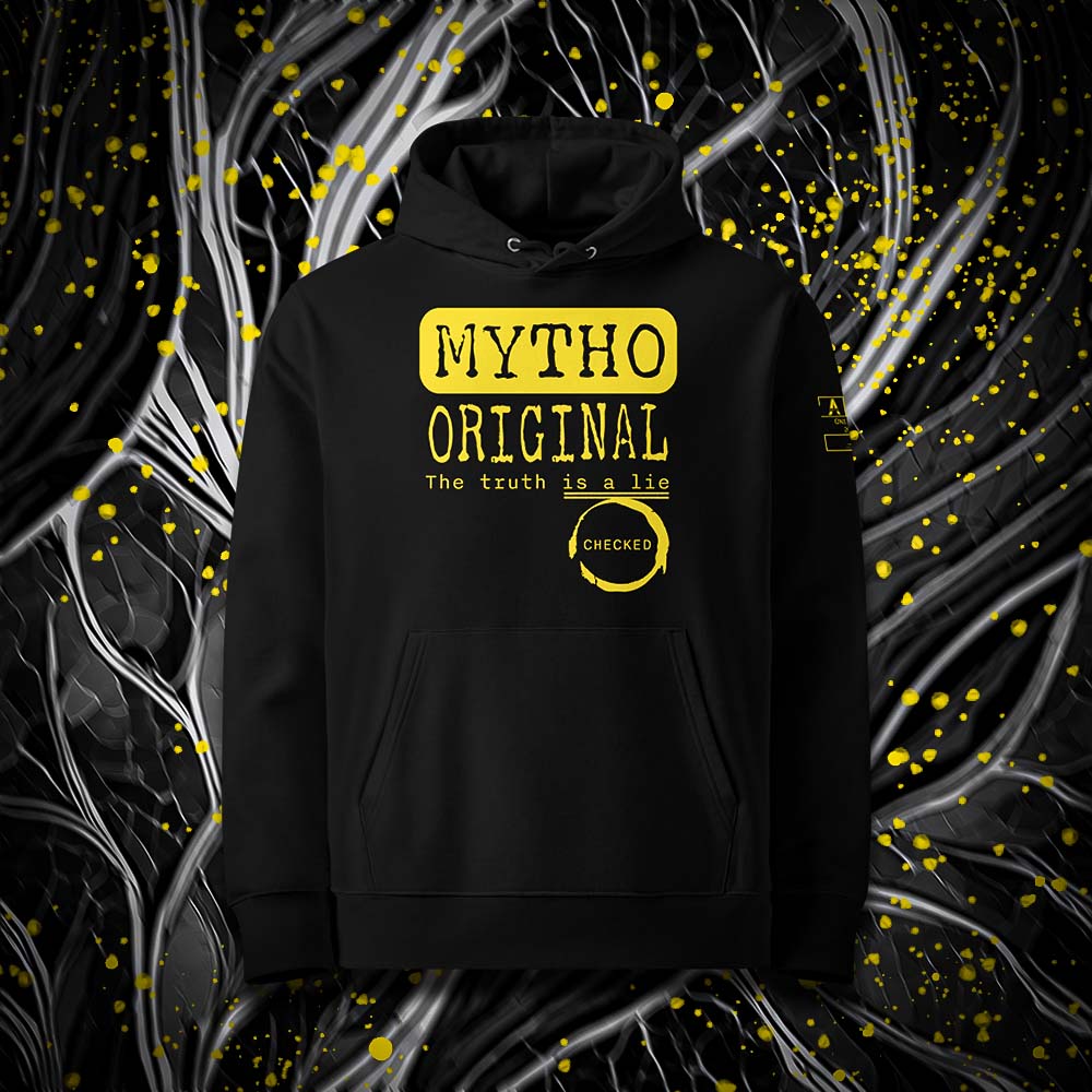 Sweat à capuche unisexe noir, vu de face et portant le design "Mytho Original" en version anglaise et coloré en jaune soleil