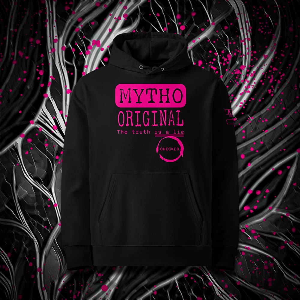 Sweat à capuche unisexe noir, vu de face et portant le design "Mytho Original" en version anglaise et coloré en magenta