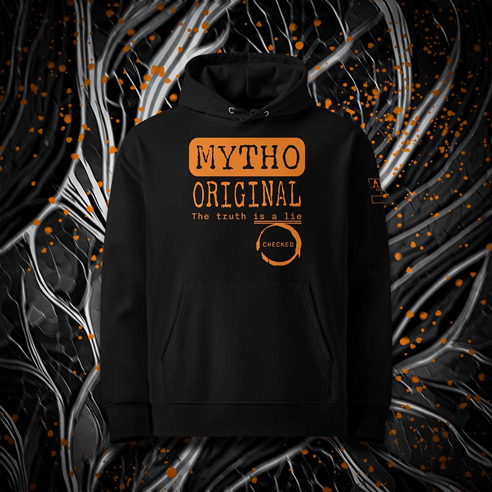 Sweat à capuche unisexe noir, vu de face et portant le design "Mytho Original" en version anglaise et coloré en mandarine