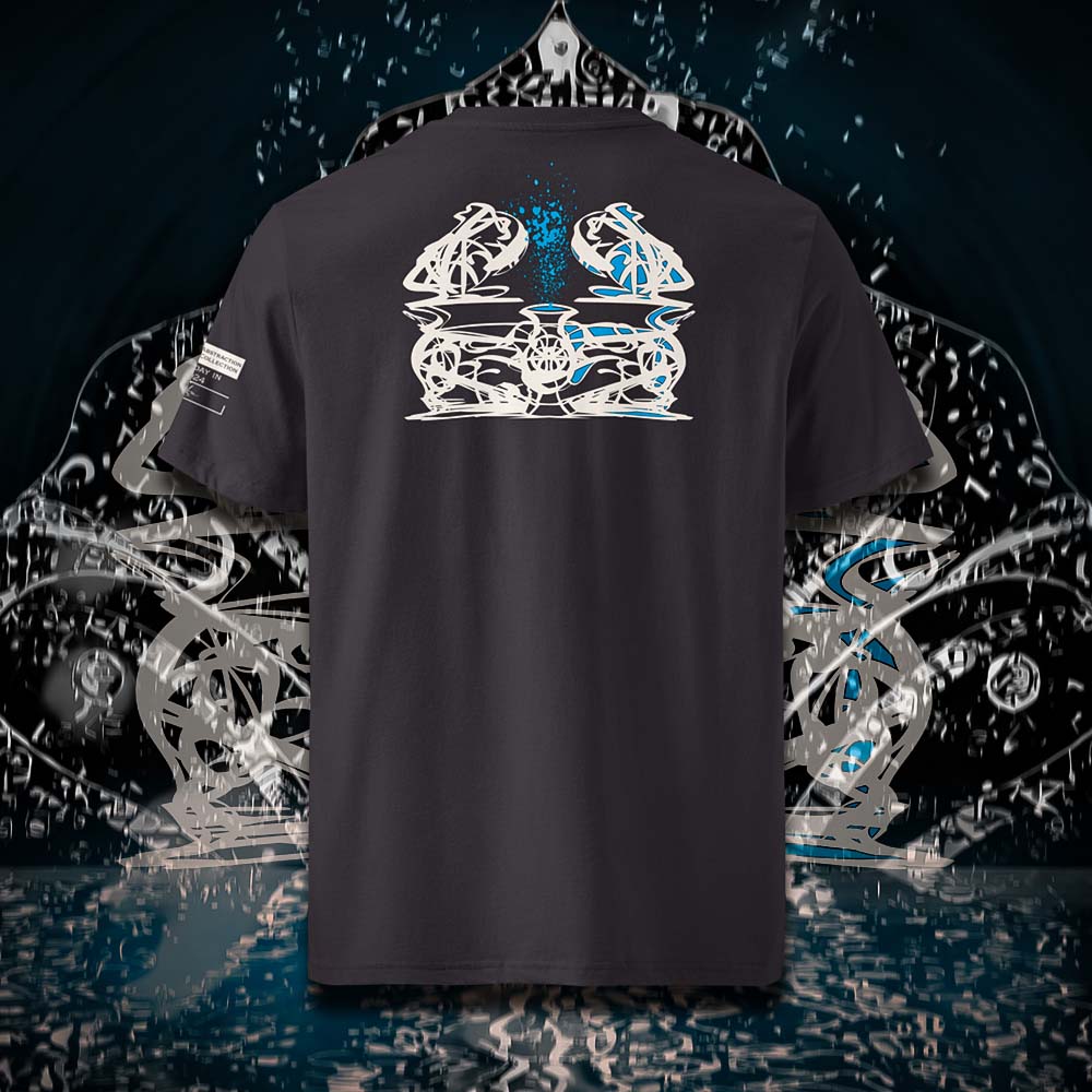 T-shirt unisexe anthracite, vu de dos et portant le design "Abstraction 1" coloré en blanc craie et cyan