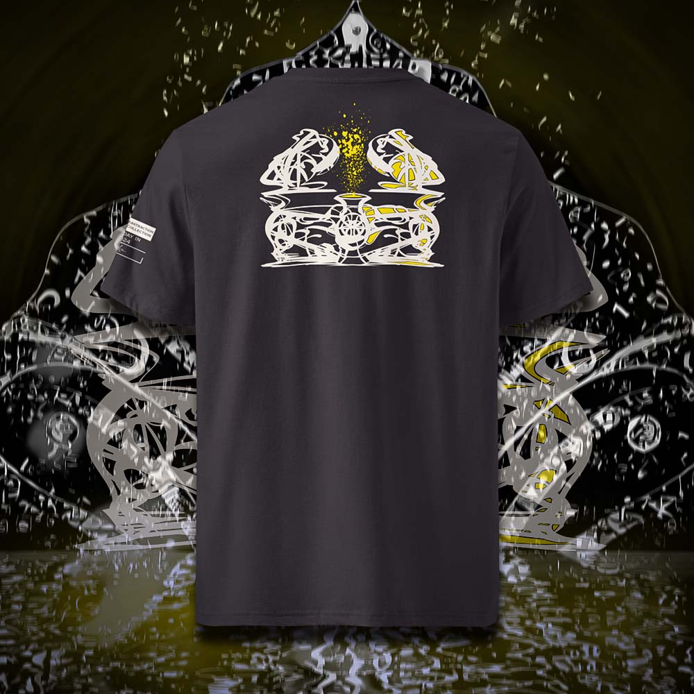 T-shirt unisexe anthracite, vu de dos et portant le design "Abstraction 1" coloré en blanc craie et jaune soleil