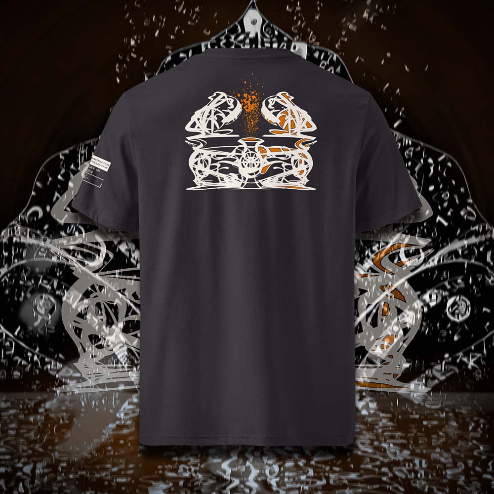 T-shirt unisexe anthracite, vu de dos et portant le design "Abstraction 1" coloré en blanc craie et mandarine