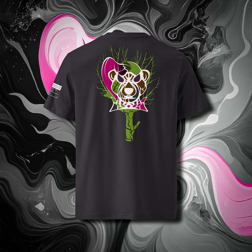 T-shirt unisexe anthracite, vu de dos et portant le design "Abstraction 3" coloré en blanc craie et magenta