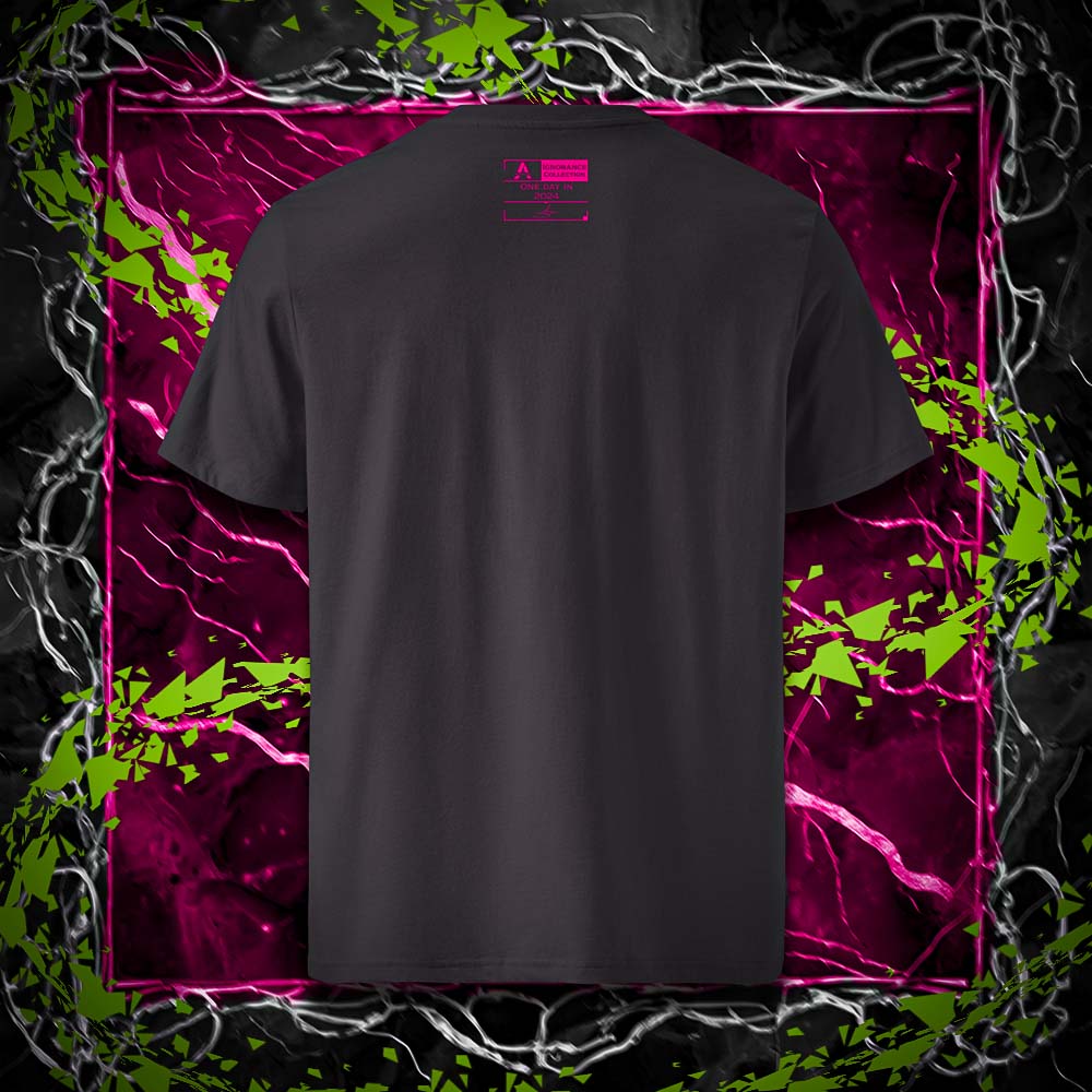 T-shirt unisexe anthracite, vu de dos et portant l'étiquette de la collection "Ignorance" coloré en magenta