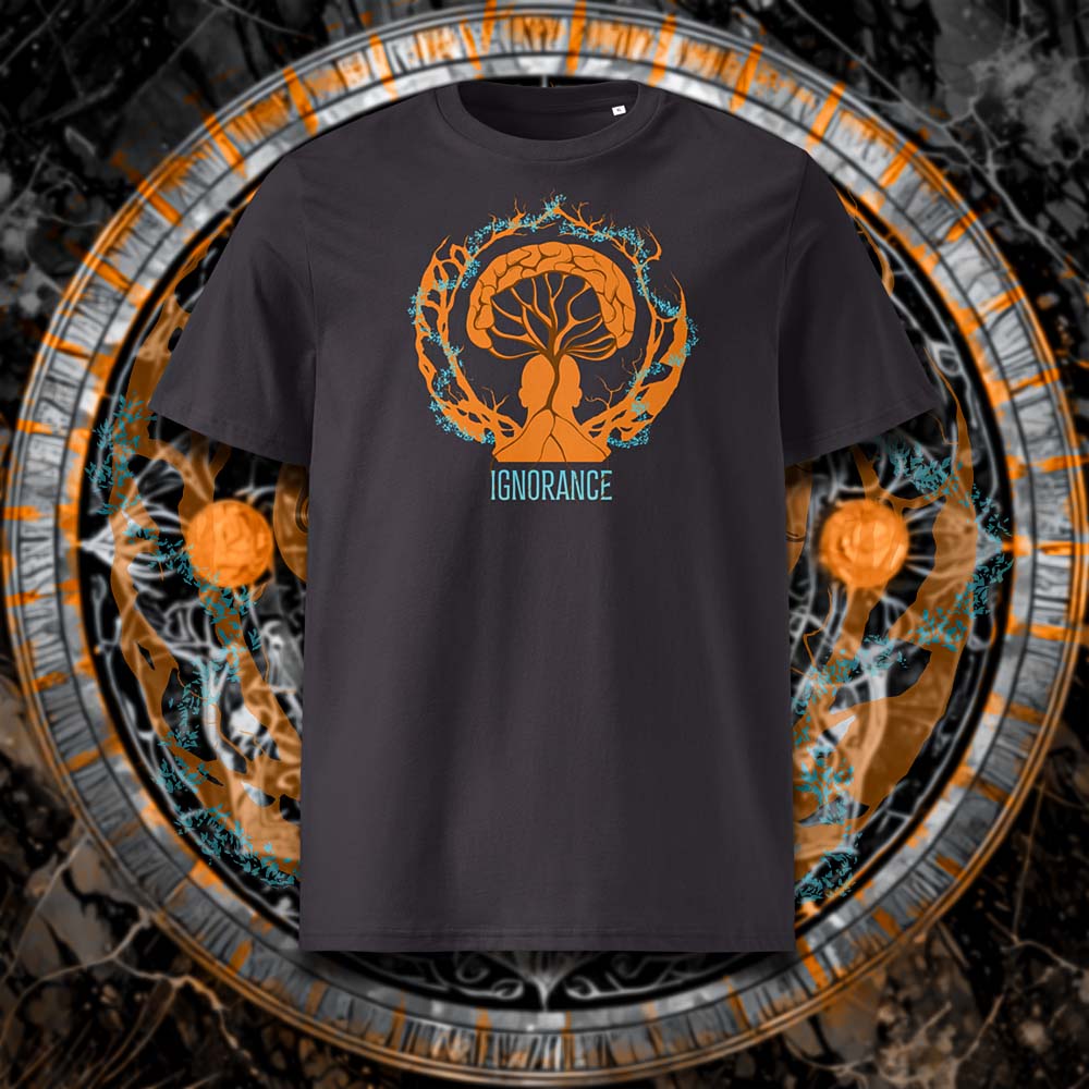 T-shirt unisexe anthracite, vu de face et portant le design "Ignorance" coloré en mandarine