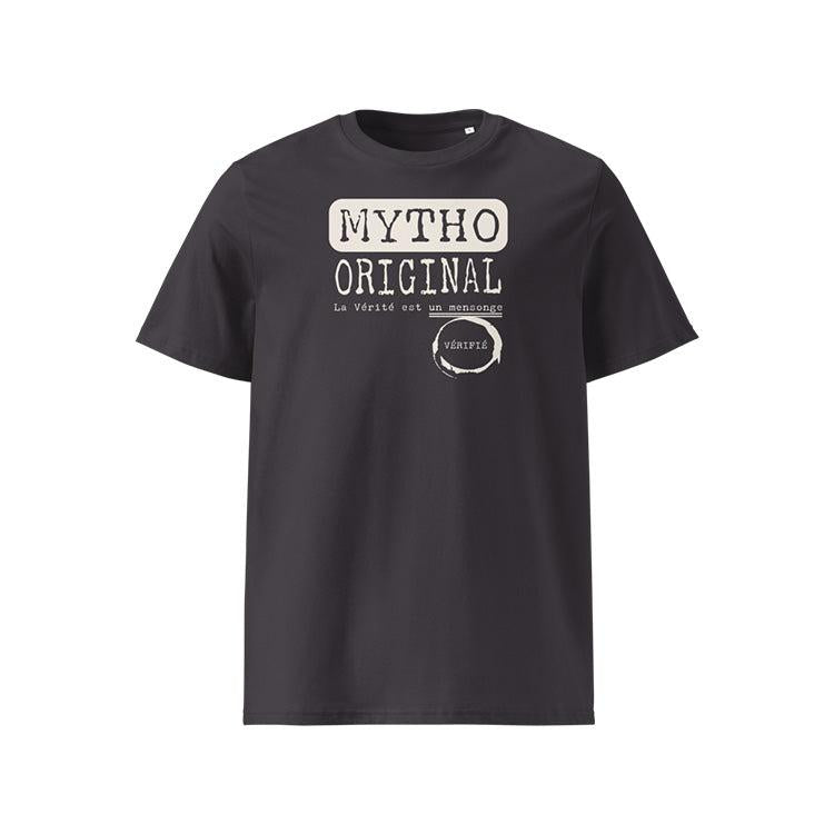 T-shirt unisexe anthracite, vu de face et portant le design "Mytho Original" coloré en blanc craie