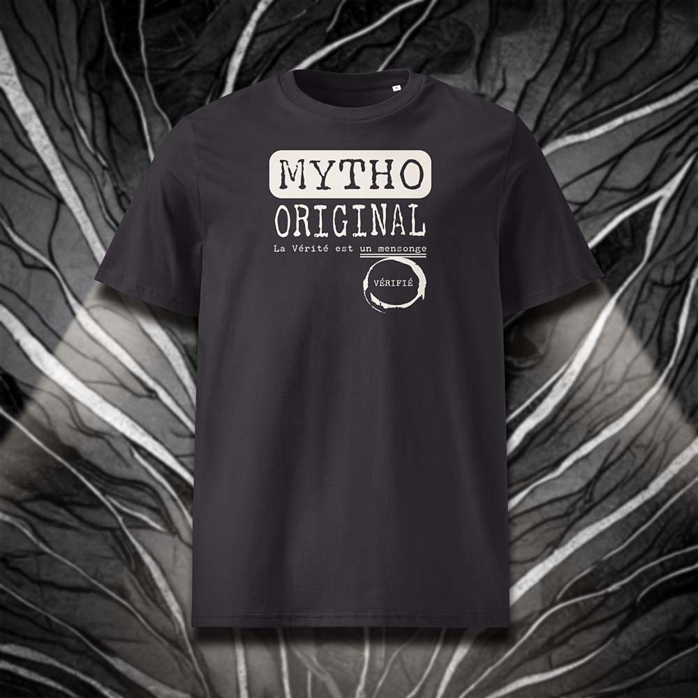 T-shirt unisexe anthracite, vu de face et portant le design "Mytho Original" coloré en blanc craie