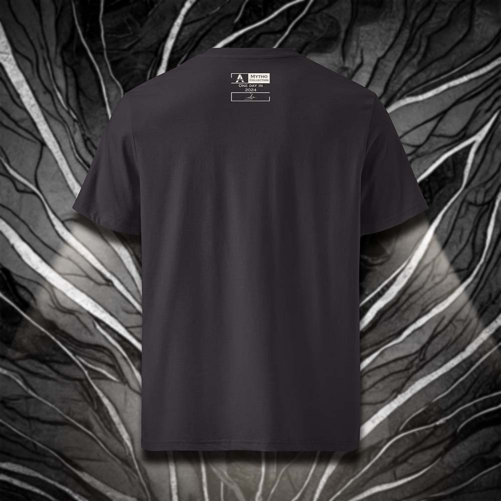 T-shirt unisexe anthracite, vu de dos et portant l'étiquette de la collection 