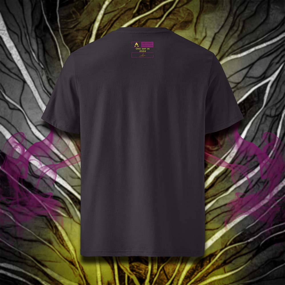 T-shirt unisexe anthracite, vu de dos et portant l'étiquette de la collection "Mytho" aux couleurs aubergines