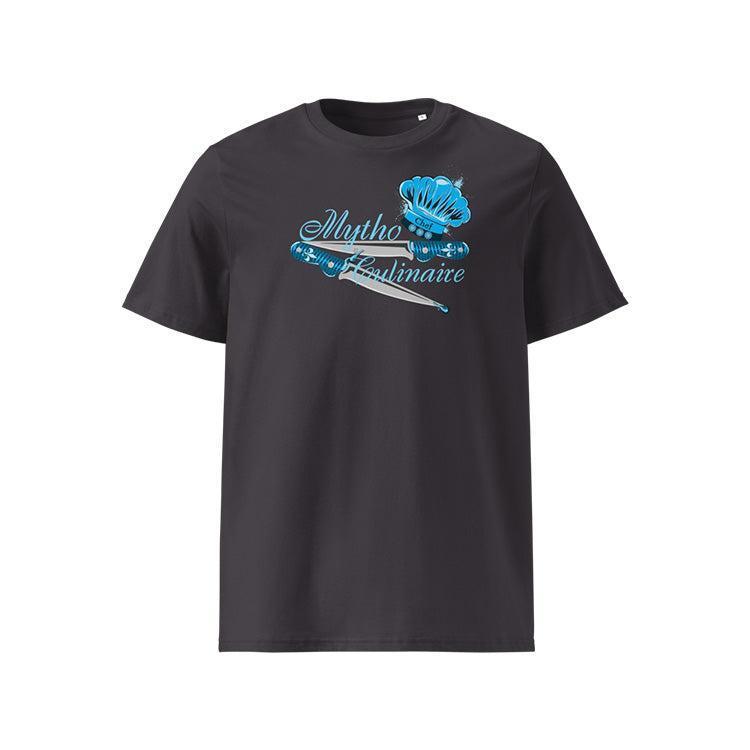 T-shirt unisexe anthracite, vu de face et portant le design "Mytho Culinaire" coloré en cyan