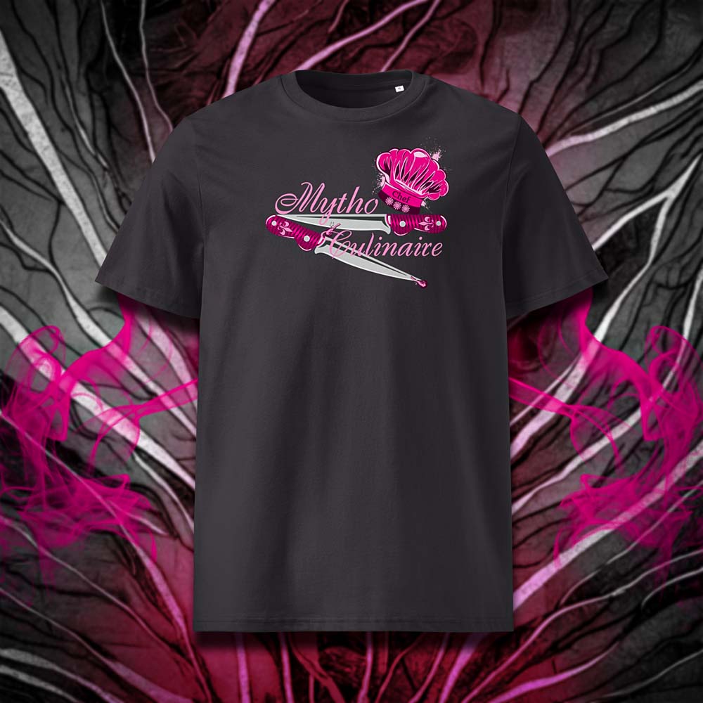 T-shirt unisexe anthracite, vu de face et portant le design "Mytho Culinaire" coloré en magenta