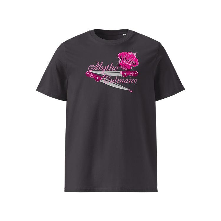 T-shirt unisexe anthracite, vu de face et portant le design "Mytho Culinaire" coloré en magenta