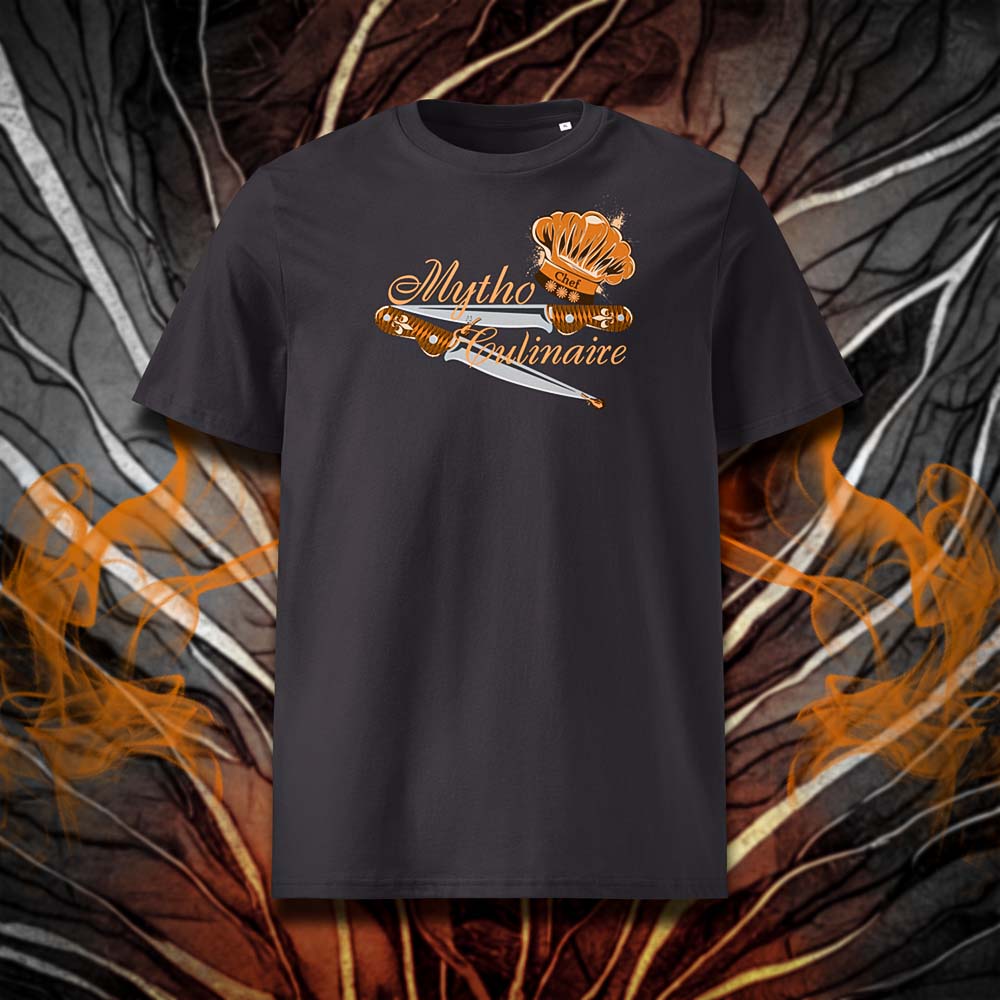 T-shirt unisexe anthracite, vu de face et portant le design "Mytho Culinaire" coloré en mandarine