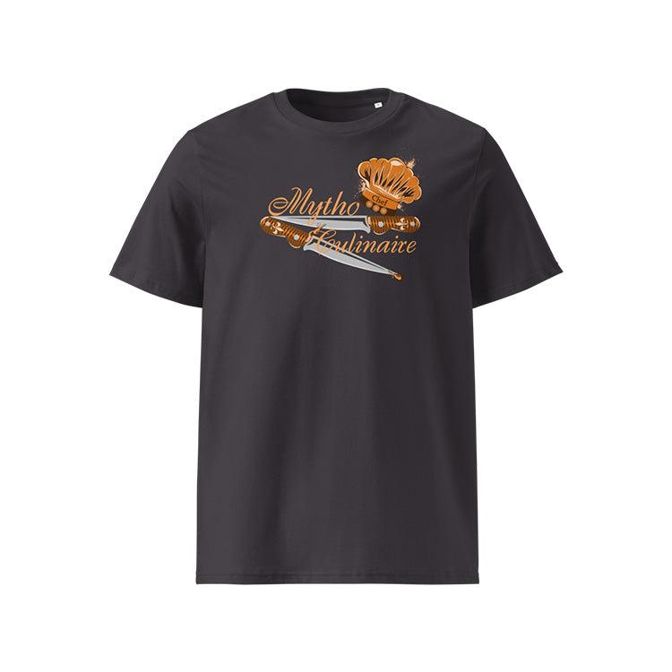 T-shirt unisexe anthracite, vu de face et portant le design "Mytho Culinaire" coloré en mandarine