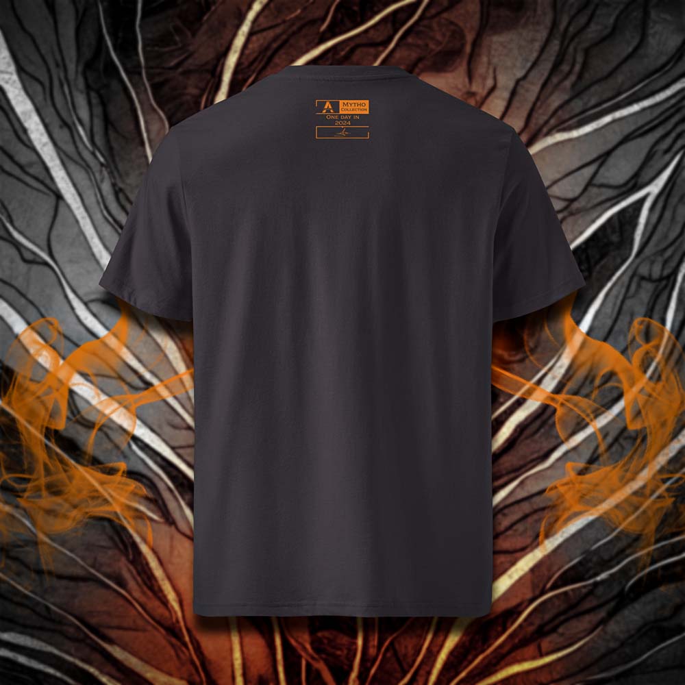 T-shirt unisexe anthracite, vu de dos et portant l'étiquette de la collection "Mytho" coloré en mandarine