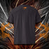 T-shirt unisexe anthracite, vu de dos et portant l'étiquette de la collection "Mytho" coloré en mandarine