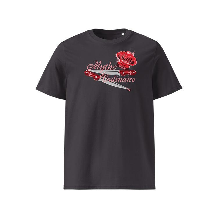 T-shirt unisexe anthracite, vu de face et portant le design "Mytho Culinaire" coloré en rouge écarlate