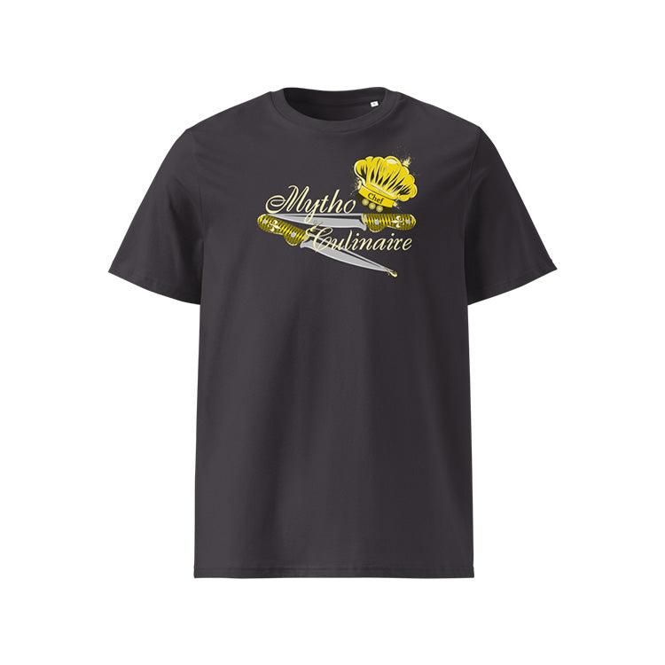 T-shirt unisexe anthracite, vu de face et portant le design "Mytho Culinaire" coloré en jaune soleil