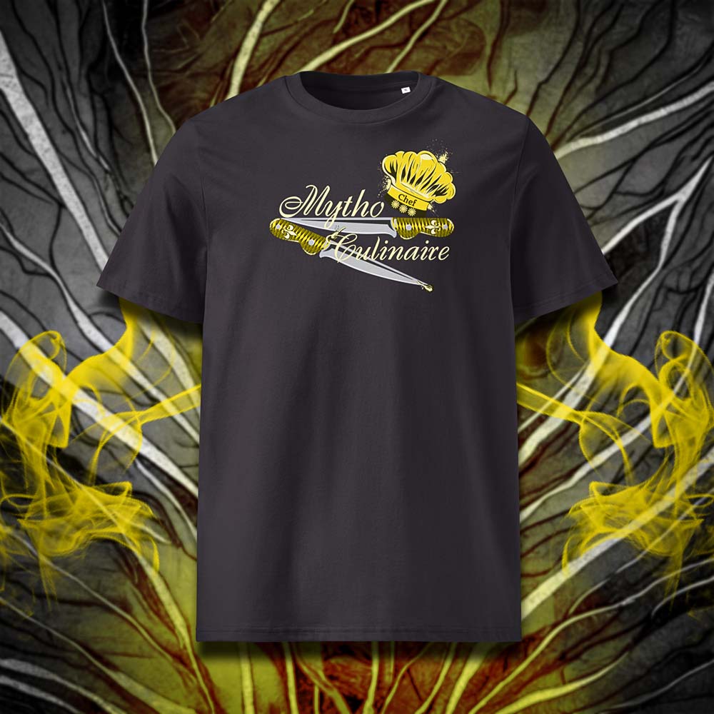 T-shirt unisexe anthracite, vu de face et portant le design "Mytho Culinaire" coloré en jaune soleil