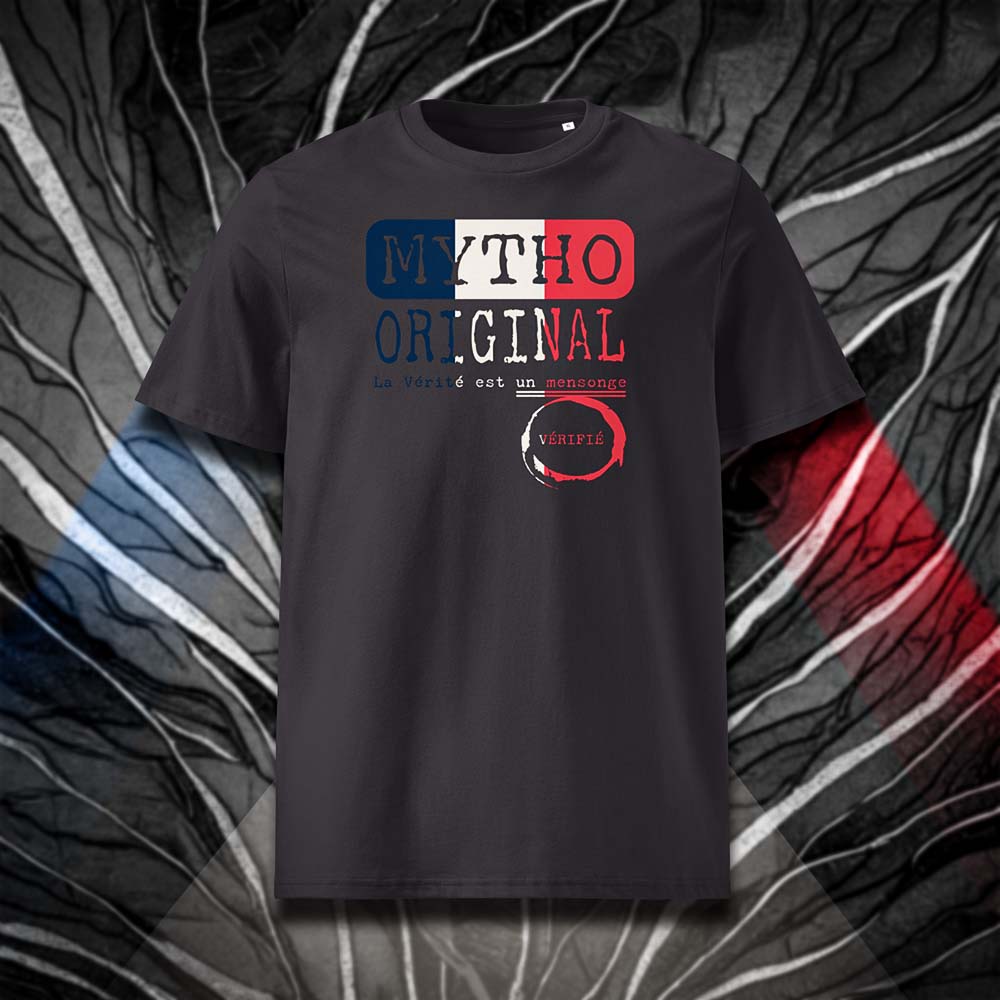 T-shirt unisexe anthracite, vu de face et portant le design "Mytho Original" aux couleurs de la France