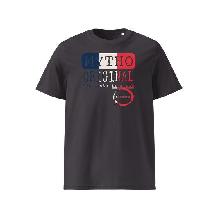 T-shirt unisexe anthracite, vu de face et portant le design "Mytho Original" en version anglaise et aux couleurs de la France